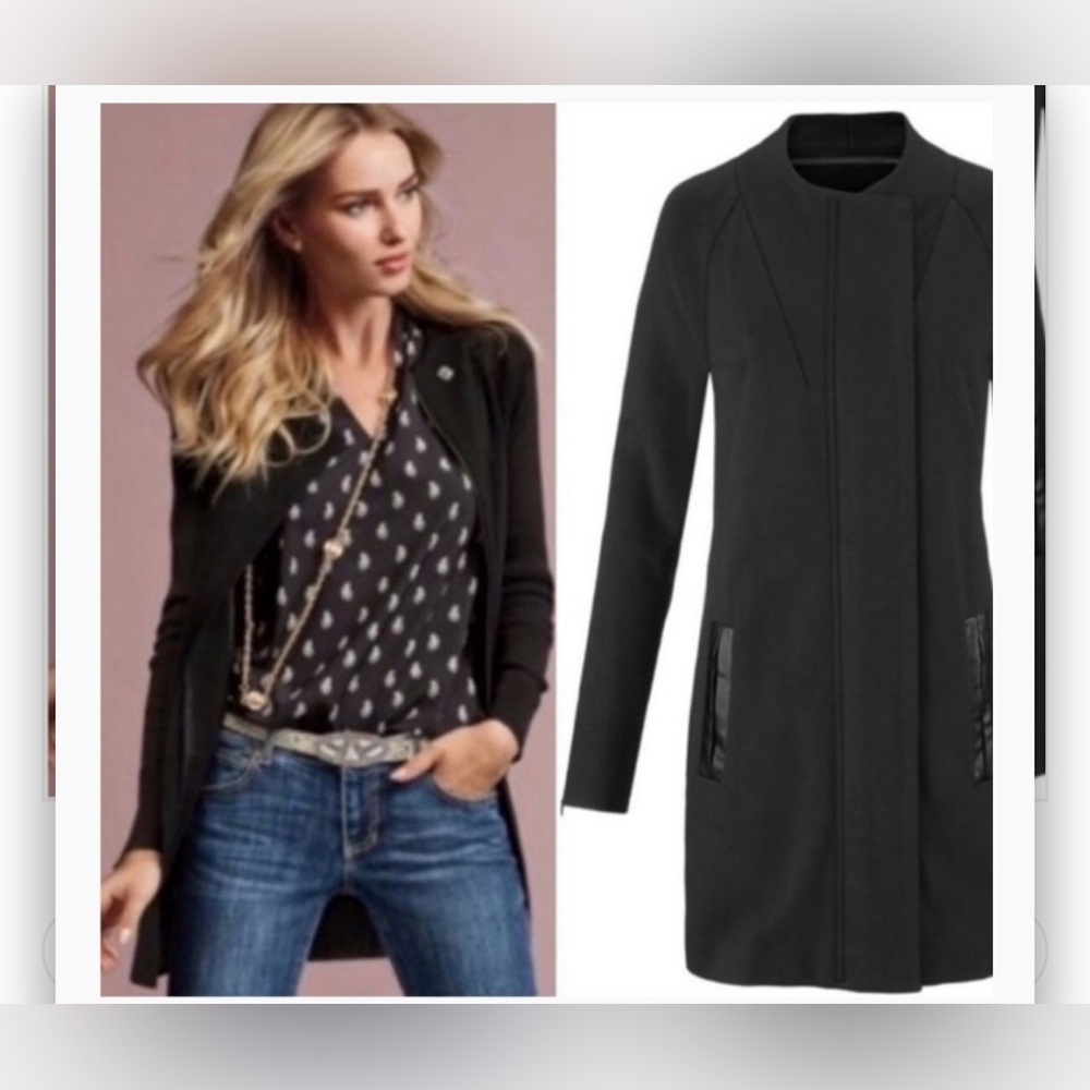 Cabi 3351 Tailor Ponte Knit Full Zip Coat in Black with faux leather trim Sz S